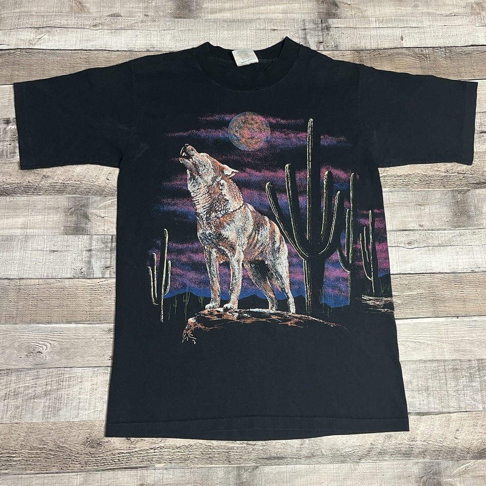 Coyote Shirt Size Medium Black Vintage 90s Aop Desert Nature Tee